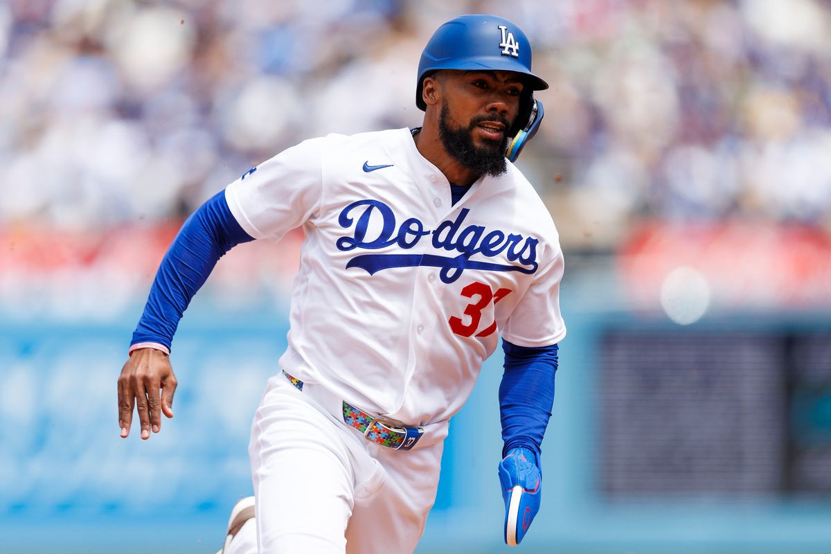Teoscar Hernandez #37 of the Los Angeles Dodgers runs during the game against the Chicago Cubs at Dodger Stadium on April 26, 2026 in Los Angeles, California.
