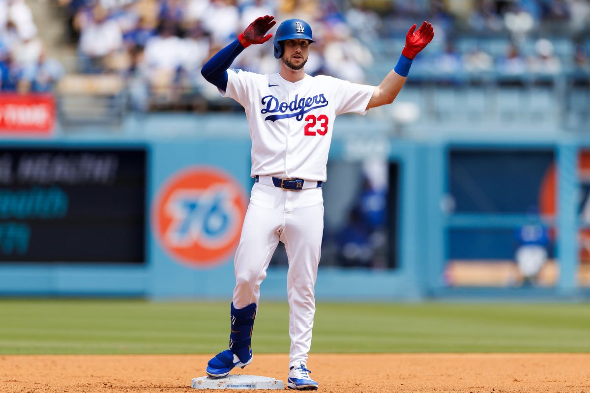 Kyle Tucker #23 of the Los Angeles Dodgers celebrate a double during the game against the Chicago Cubs at Dodger Stadium on April 26, 2026 in Los Angeles, California. 