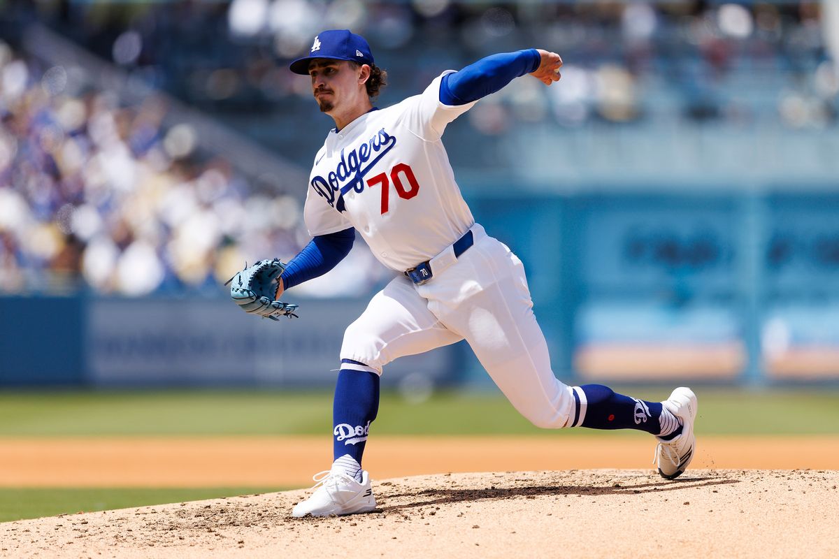 Justin Wrobleski #70 of the Los Angeles Dodgers throws during the game against the Chicago Cubs at Dodger Stadium on April 26, 2026 in Los Angeles, California. 