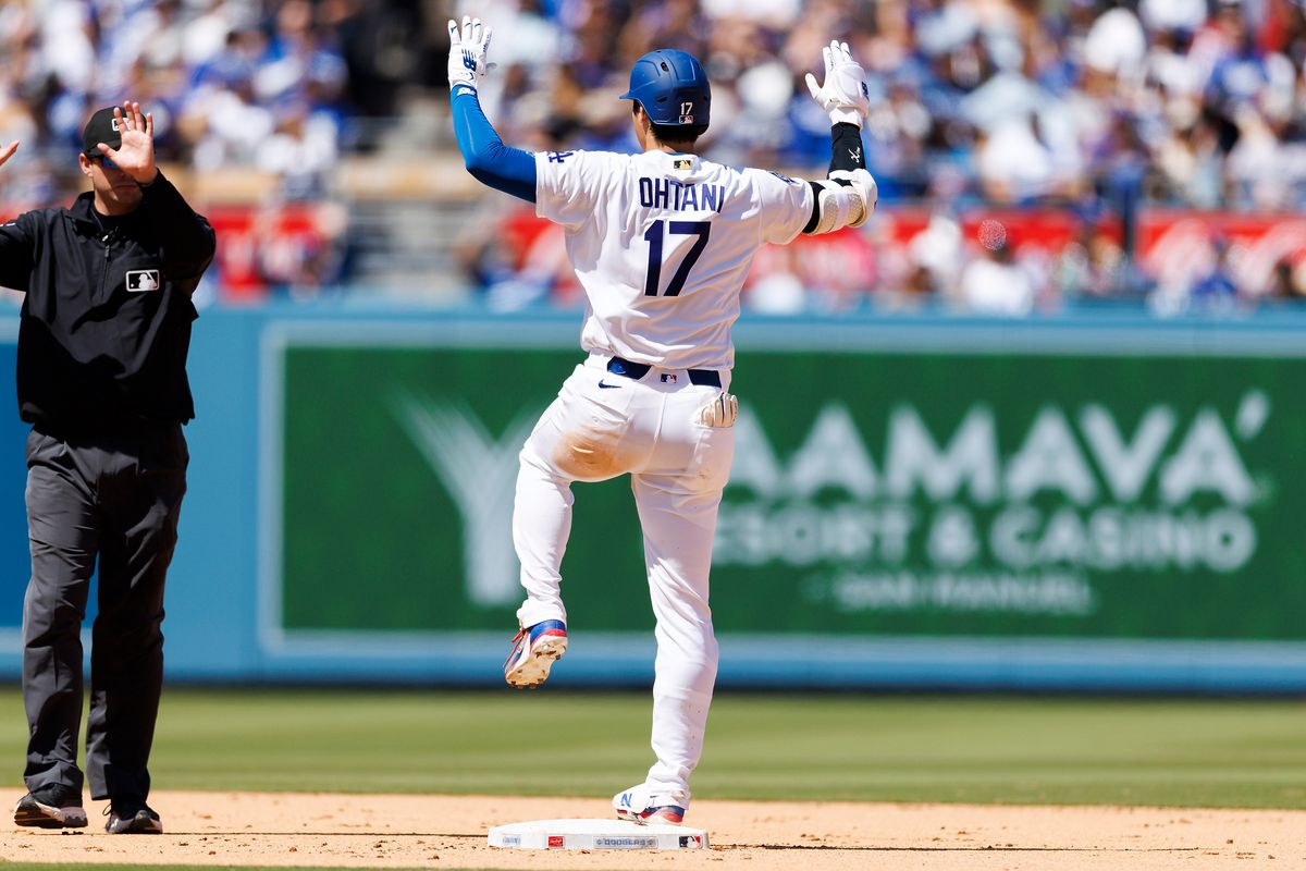 Shohei Ohtani #17 of the Los Angeles Dodgers celebrates a double during the game against the Chicago Cubs at Dodger Stadium on April 26, 2026 in Los Angeles, California. 