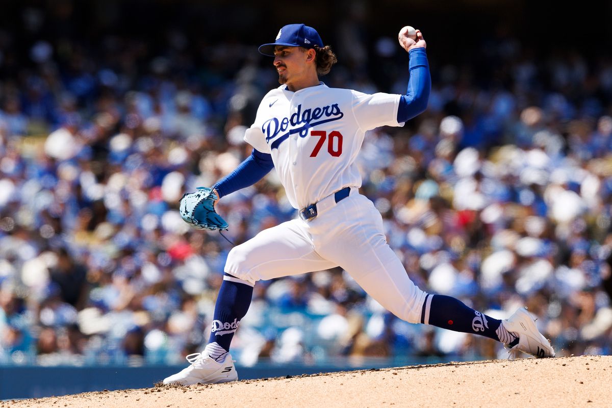 Justin Wrobleski #70 of the Los Angeles Dodgers pitches during the game against the Chicago Cubs at Dodger Stadium on April 26, 2026 in Los Angeles, California.