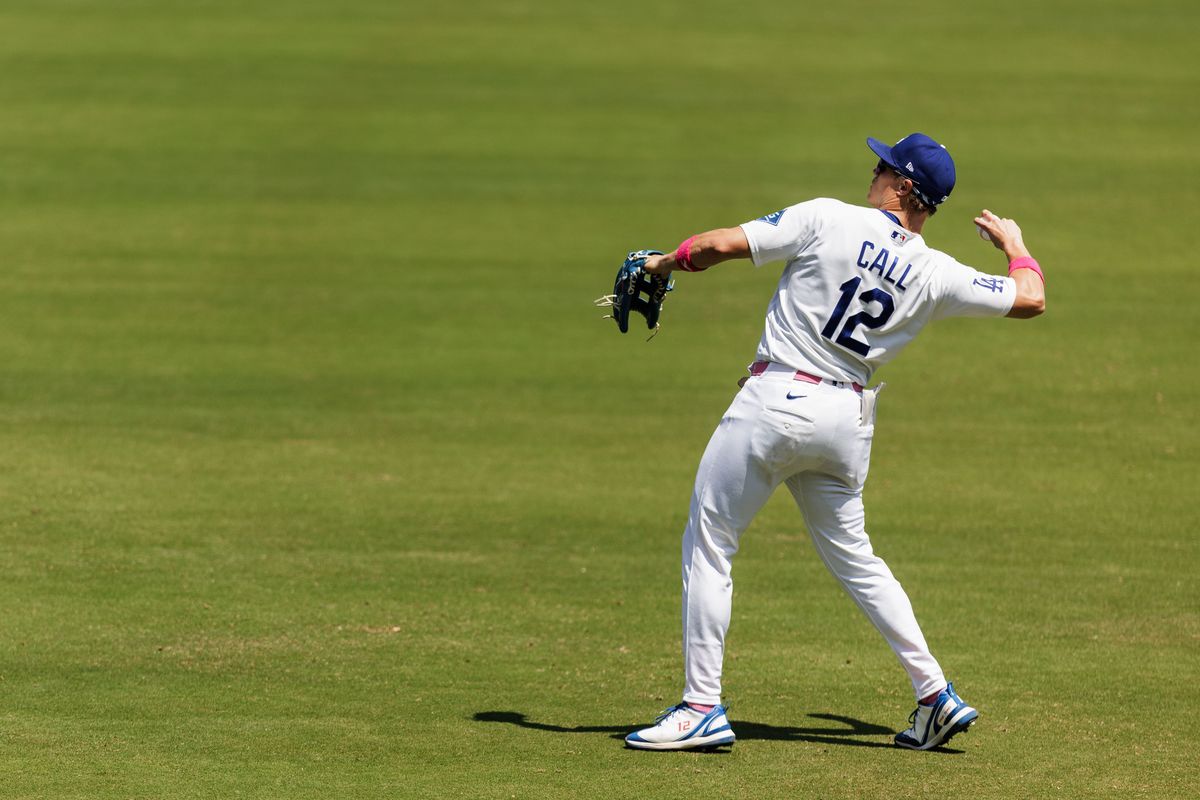 Los Angeles Dodgers left fielder Alex Call (12) throws a ball to the fans during an MLB game against the Atlanta Braves on May 10, 2026 in Los Angeles, CA.