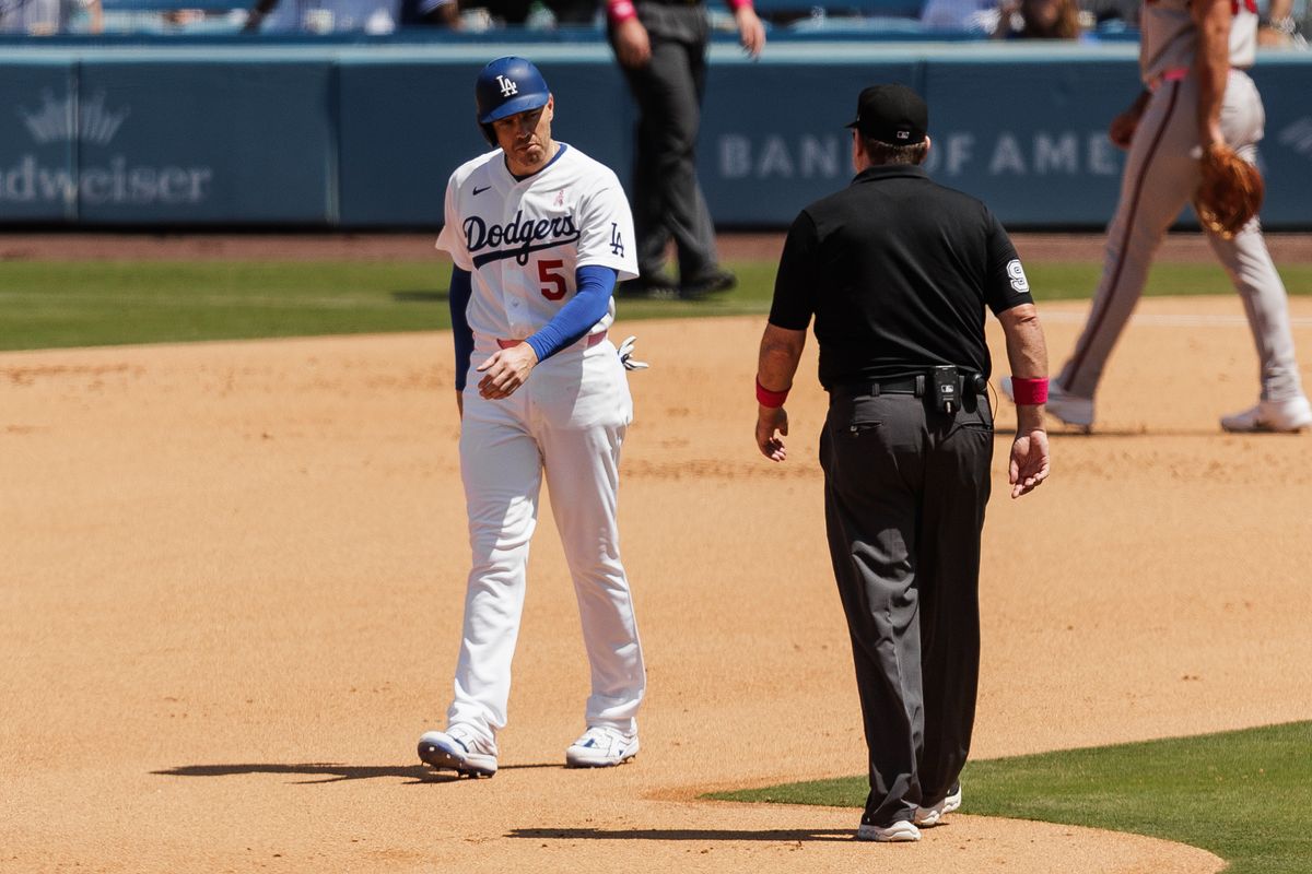 Los Angeles Dodgers first baseman Freddie Freeman (5) walks to second base during an MLB game against the Atlanta Braves on May 10, 2026 in Los Angeles, CA.