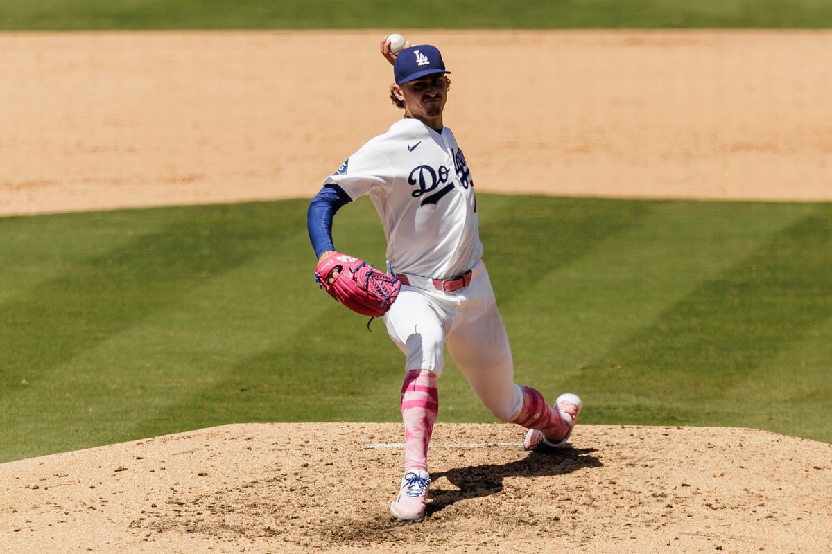 Los Angeles Dodgers pitcher Justin Wrobleski (70) pitches during an MLB game against the Atlanta Braves on May 10, 2026 in Los Angeles, CA.