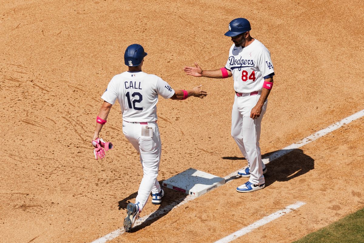 Los Angeles Dodgers left fielder Alex Call (12) makes it to first base during an MLB game against the Atlanta Braves on May 10, 2026 in Los Angeles, CA.