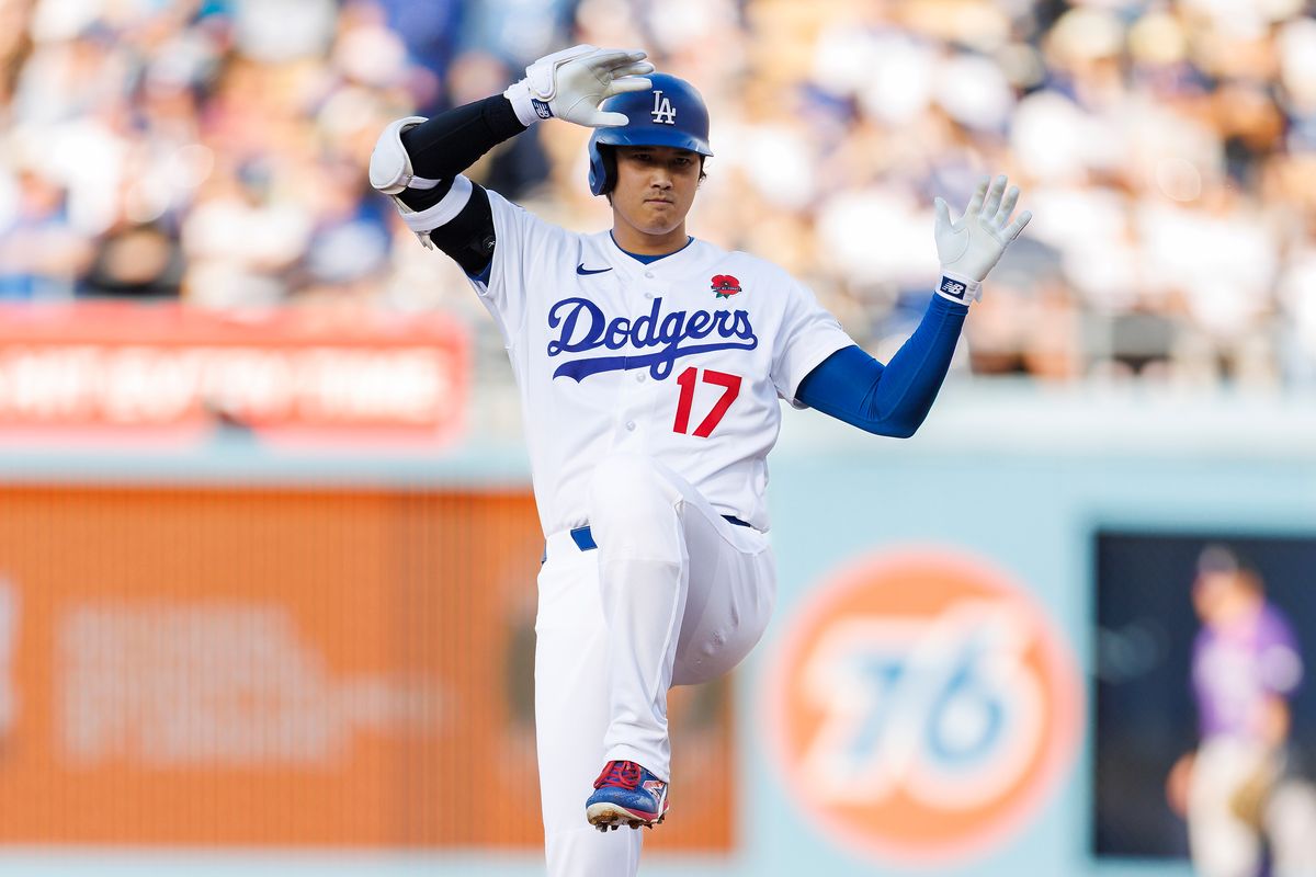 Shohei Ohtani #17 of the Los Angeles Dodgers celebrates a double during the game against the Colorado Rockies at Dodger Stadium on May 25, 2026 in Los Angeles, California. Shohei Ohtani #17 of the Los Angeles Dodgers celebrates a double during the game against the Colorado Rockies at Dodger Stadium on May 25, 2026 in Los Angeles, California.