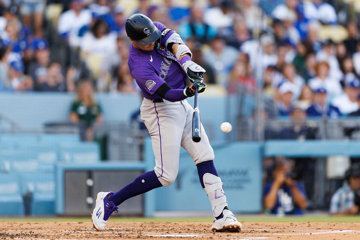 Kyle Karros #12 of the Colorado Rockies hits during the game against the Los Angeles Dodgers at Dodger Stadium on May 25, 2026 in Los Angeles, California. Kyle Karros #12 of the Colorado Rockies hits during the game against the Los Angeles Dodgers at Dodger Stadium on May 25, 2026 in Los Angeles, California.