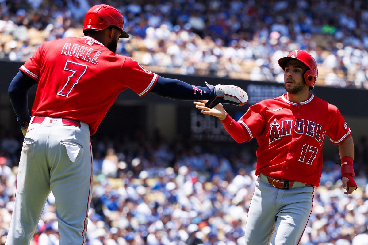 Nick Madrigal #17 of the Los Angeles Angels celebrates with Jo Adell #7 of the Los Angeles Angels during the game against the Los Angeles Dodgers at Dodger Stadium on June 7, 2026 in Los Angeles, California. Nick Madrigal #17 of the Los Angeles Angels celebrates with Jo Adell #7 of the Los Angeles Angels during the game against the Los Angeles Dodgers at Dodger Stadium on June 7, 2026 in Los Angeles, California.