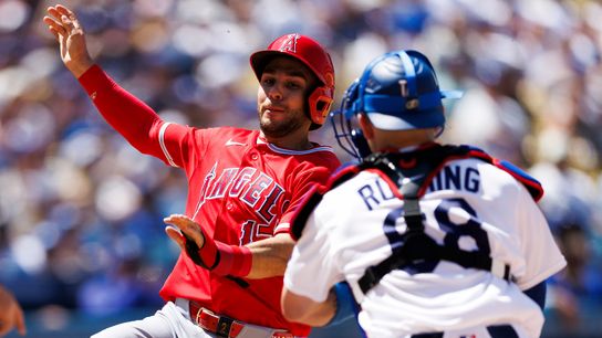 Dalton Rushing #68 of the Los Angeles Dodgers tags Nick Madrigal #17 of the Los Angeles Angels during the game at Dodger Stadium on June 7, 2026 in Los Angeles, California. Dalton Rushing #68 of the Los Angeles Dodgers tags Nick Madrigal #17 of the Los Angeles Angels during the game at Dodger Stadium on June 7, 2026 in Los Angeles, California.