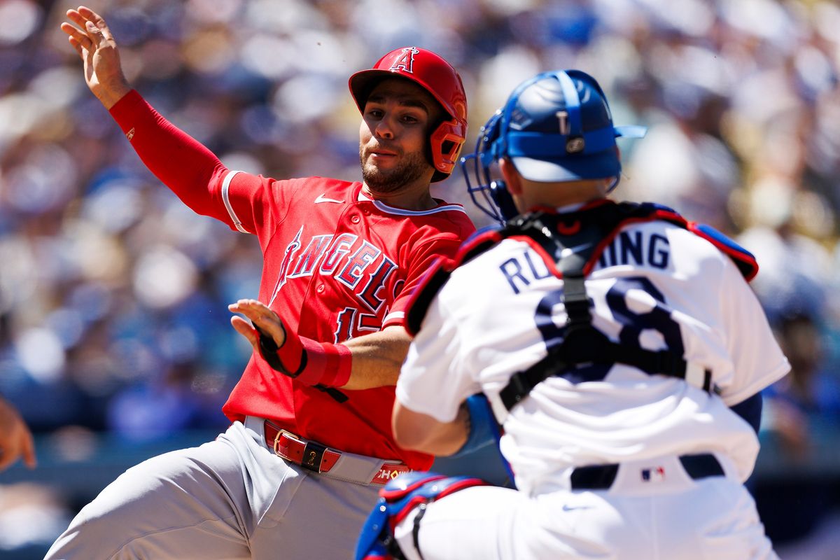 Dalton Rushing #68 of the Los Angeles Dodgers tags Nick Madrigal #17 of the Los Angeles Angels during the game at Dodger Stadium on June 7, 2026 in Los Angeles, California. Dalton Rushing #68 of the Los Angeles Dodgers tags Nick Madrigal #17 of the Los Angeles Angels during the game at Dodger Stadium on June 7, 2026 in Los Angeles, California.