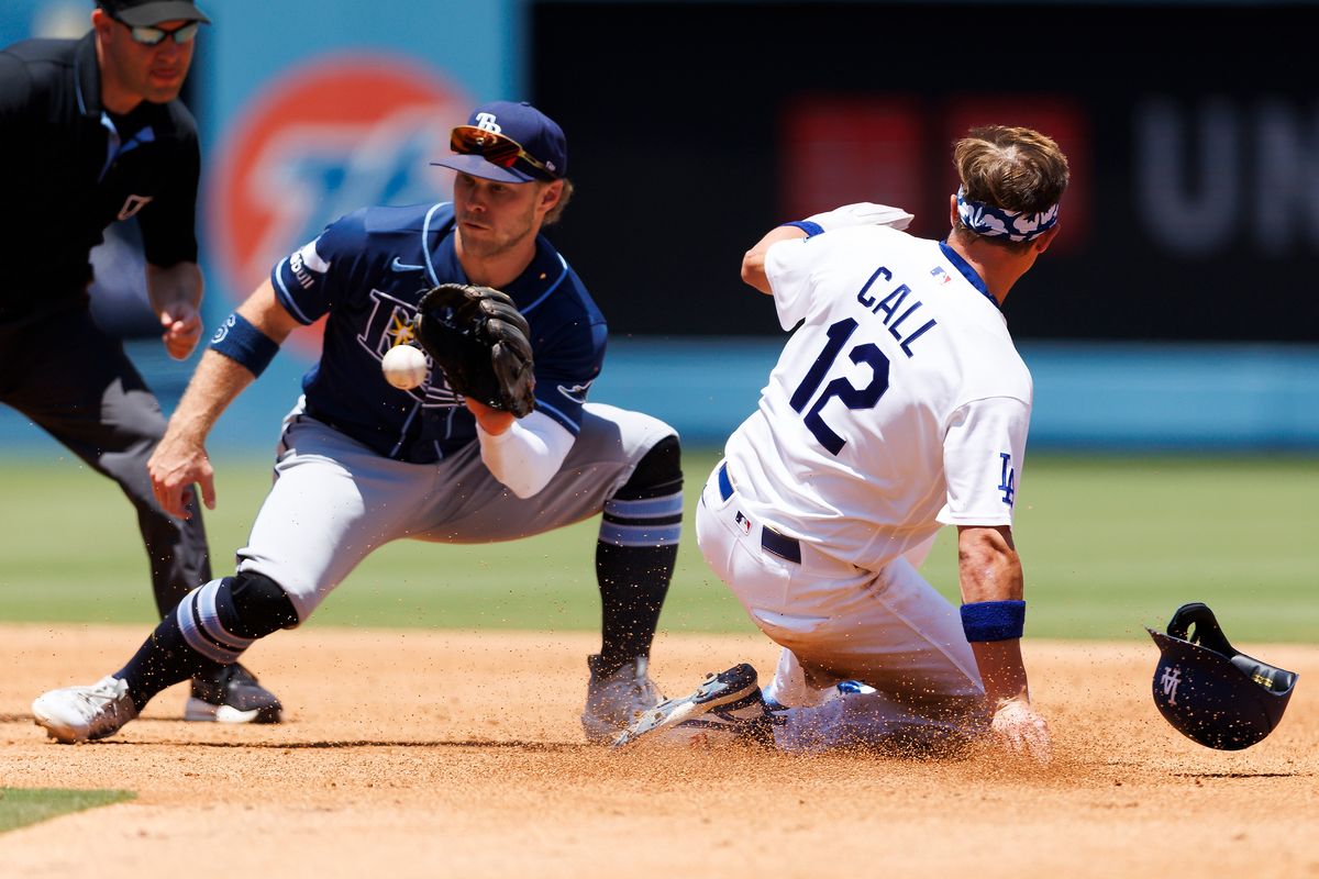 Alex Call #12 of the Los Angeles Dodgers slides safe into second base during the game against the Tampa Bay Rays at Dodger Stadium on June 17, 2026 in Los Angeles, California. Alex Call #12 of the Los Angeles Dodgers slides safe into second base during the game against the Tampa Bay Rays at Dodger Stadium on June 17, 2026 in Los Angeles, California.