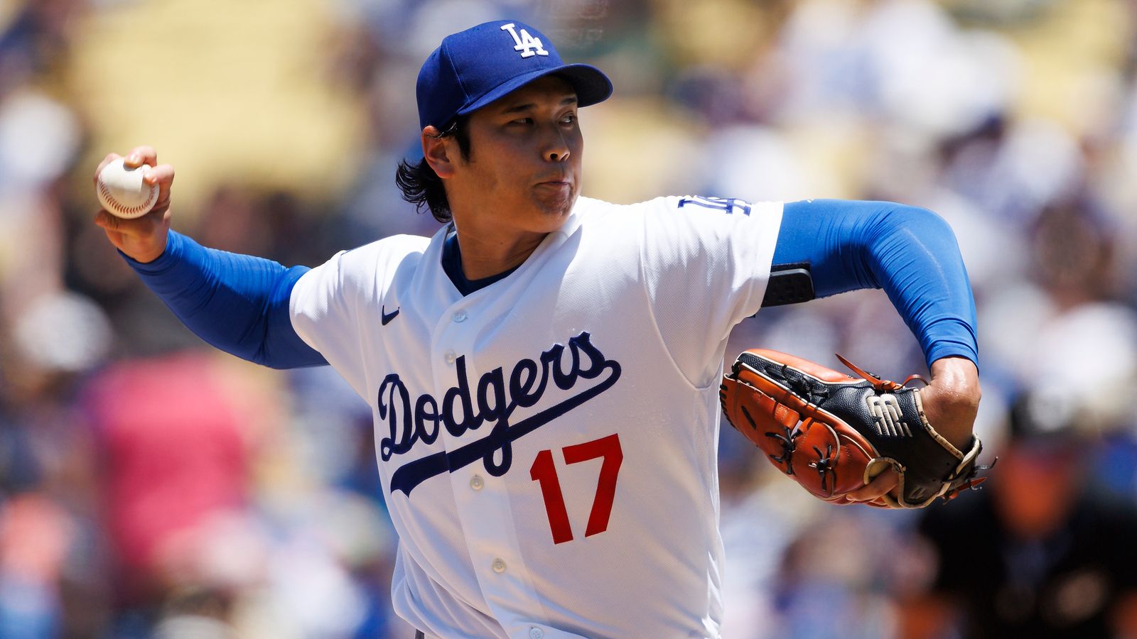 Shohei Ohtani #17 of the Los Angeles Dodgers pitches during the game against the Tampa Bay Rays at Dodger Stadium on June 17, 2026 in Los Angeles, California. 