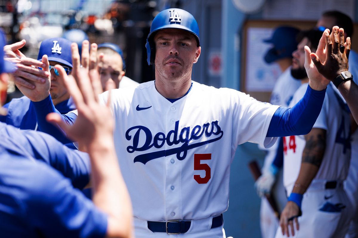 Freddie Freeman #5 of the Los Angeles Dodgers celebrates in the dugout during the game against the Tampa Bay Rays at Dodger Stadium on June 17, 2026 in Los Angeles, California. Freddie Freeman #5 of the Los Angeles Dodgers celebrates in the dugout during the game against the Tampa Bay Rays at Dodger Stadium on June 17, 2026 in Los Angeles, California.