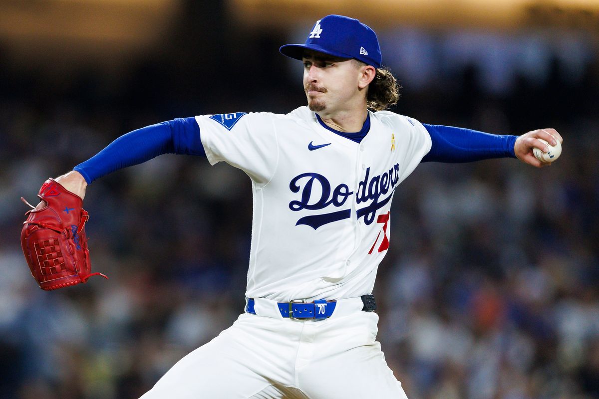 Justin Wrobleski #70 of the Los Angeles Dodgers pitches during the game against the Washington Nationals at Dodger Stadium on September 6, 2026 in Los Angeles, California. Justin Wrobleski #70 of the Los Angeles Dodgers pitches during the game against the Washington Nationals at Dodger Stadium on September 6, 2026 in Los Angeles, California.