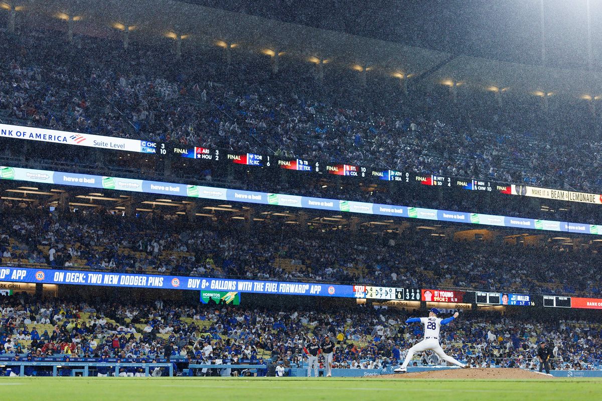 Bobby Miller #28 of the Los Angeles Dodgers pitches while it rains during the game against the Washington Nationals at Dodger Stadium on September 6, 2026 in Los Angeles, California. Bobby Miller #28 of the Los Angeles Dodgers pitches while it rains during the game against the Washington Nationals at Dodger Stadium on September 6, 2026 in Los Angeles, California.
