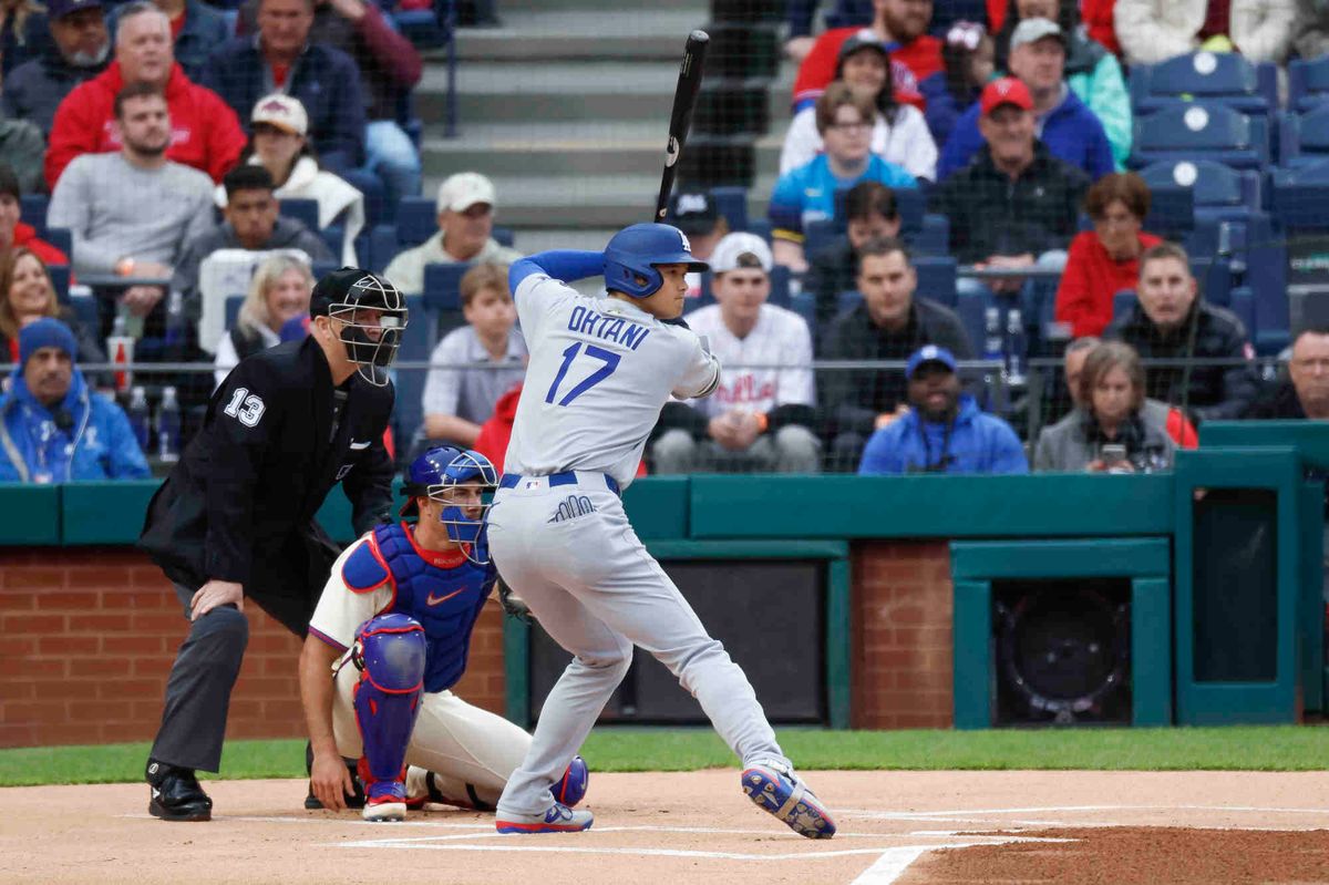 Shohei Ohtani #17 of the Los Angeles Dodgers waits for a pitch in the first inning during a game against the Philadelphia Phillies at Citizens Bank Park on April 5, 2025 in Philadelphia, Pennsylvania.