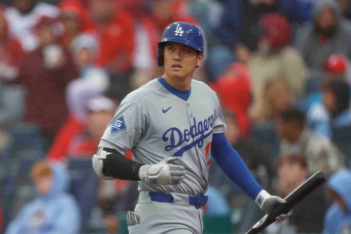 Shohei Ohtani #17 of the Los Angeles Dodgers reacts after striking out during a game against the Philadelphia Phillies at Citizens Bank Park on April 4, 2025 in Philadelphia, Pennsylvania.