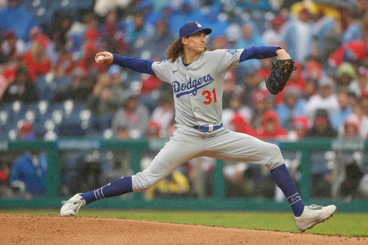 Tyler Glasnow #31 of the Los Angeles Dodgers throws a pitch during a game against the Philadelphia Phillies at Citizens Bank Park on April 4, 2025 in Philadelphia, Pennsylvania.