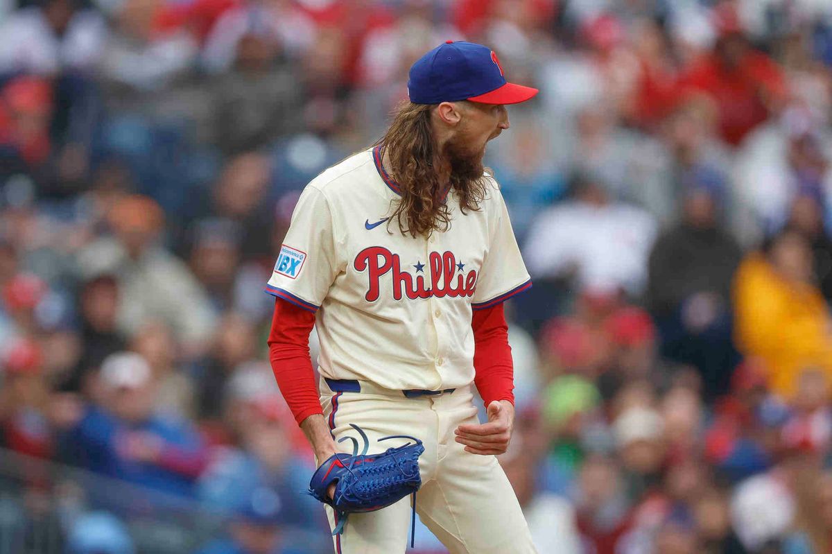 Matt Strahm #25 of the Philadelphia Phillies reacts in the top of the eighth inning during a game against the Los Angeles Dodgers at Citizens Bank Park on April 4, 2025 in Philadelphia, Pennsylvania.