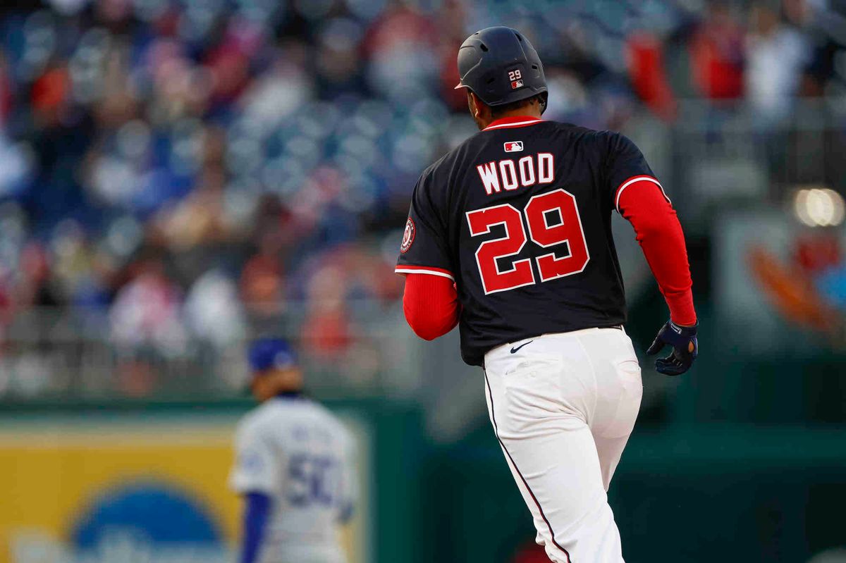 James Wood #29 of the Washington Nationals rounds the bases after hitting a two-run home run in the first inning during a game against the Los Angeles Dodgers at Nationals Park on April 08, 2025 in Washington, DC. James Wood #29 of the Washington Nationals rounds the bases after hitting a two-run home run in the first inning during a game against the Los Angeles Dodgers at Nationals Park on April 08, 2025 in Washington, DC.