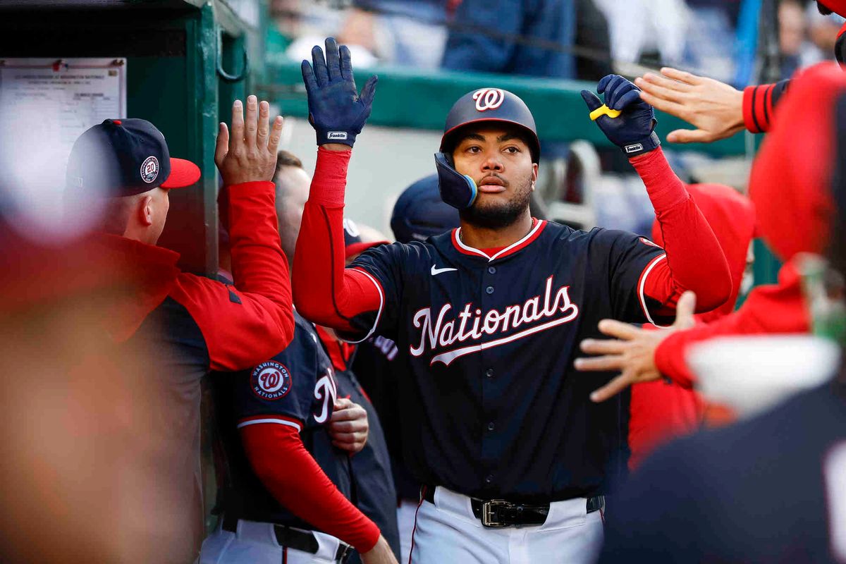 James Wood #29 of the Washington Nationals celebrates after hitting a two-run home run in the first inning during a game against the Los Angeles Dodgers at Nationals Park on April 08, 2025 in Washington, DC. James Wood #29 of the Washington Nationals celebrates after hitting a two-run home run in the first inning during a game against the Los Angeles Dodgers at Nationals Park on April 08, 2025 in Washington, DC.