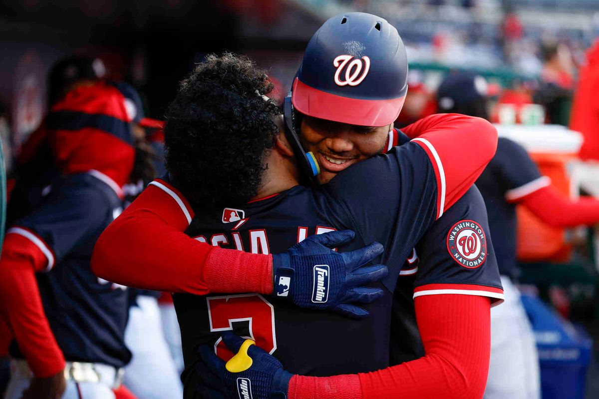 James Wood #29 of the Washington Nationals celebrates after hitting a two-run home run in the first inning during a game against the Los Angeles Dodgers at Nationals Park on April 08, 2025 in Washington, DC. James Wood #29 of the Washington Nationals celebrates after hitting a two-run home run in the first inning during a game against the Los Angeles Dodgers at Nationals Park on April 08, 2025 in Washington, DC.
