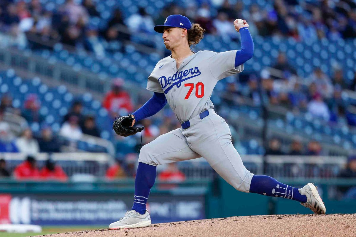 Justin Wrobleski #70 of the Los Angeles Dodgers throws a pitch in the first inning during a game against the Washington Nationals at Nationals Park on April 08, 2025 in Washington, DC. Justin Wrobleski #70 of the Los Angeles Dodgers throws a pitch in the first inning during a game against the Washington Nationals at Nationals Park on April 08, 2025 in Washington, DC.