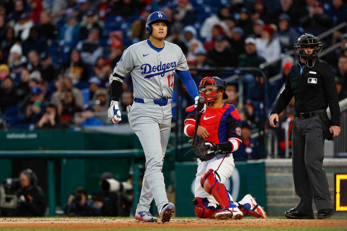Shohei Ohtani #17 of the Los Angeles Dodgers reacts after a strike out in the third inning during a game against the Washington Nationals at Nationals Park on April 08, 2025 in Washington, DC. Shohei Ohtani #17 of the Los Angeles Dodgers reacts after a strike out in the third inning during a game against the Washington Nationals at Nationals Park on April 08, 2025 in Washington, DC.