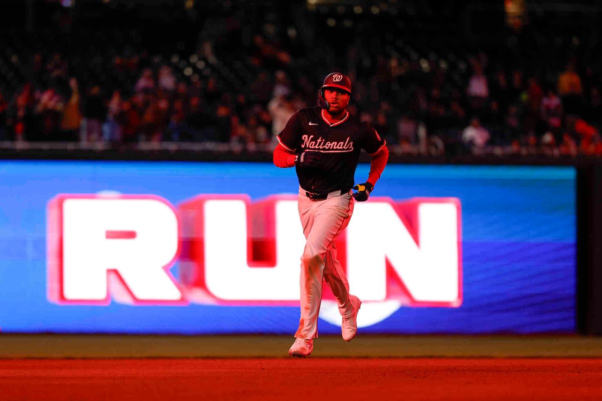 James Wood #29 of the Washington Nationals celebrates after hitting a two-run home run in the fourth inning during a game against the Los Angeles Dodgers at Nationals Park on April 08, 2025 in Washington, DC. James Wood #29 of the Washington Nationals celebrates after hitting a two-run home run in the fourth inning during a game against the Los Angeles Dodgers at Nationals Park on April 08, 2025 in Washington, DC.