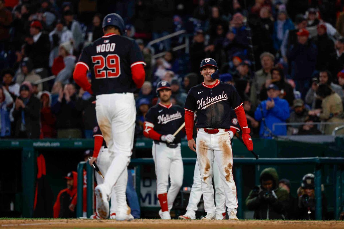 James Wood #29 of the Washington Nationals celebrates after hitting a two-run home run in the fourth inning during a game against the Los Angeles Dodgers at Nationals Park on April 08, 2025 in Washington, DC. James Wood #29 of the Washington Nationals celebrates after hitting a two-run home run in the fourth inning during a game against the Los Angeles Dodgers at Nationals Park on April 08, 2025 in Washington, DC.