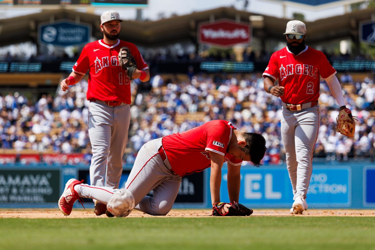 Yusei Kikuchi #16 of the Los Angeles Angels injured on the field during the game against the Los Angeles Dodgers at Dodger Stadium on May 18, 2025 in Los Angeles, California.