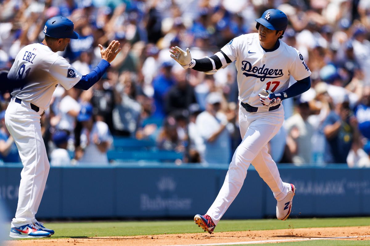 Shohei Ohtani #17 of the Los Angeles Dodgers celebrates his home run during the game against the Milwaukee Brewers at Dodger Stadium on July 20, 2025 in Los Angeles, California.