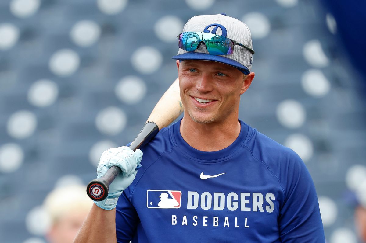 Alex Call #12 of the Los Angeles Dodgers on the field prior to a game against the Tampa Bay Rays at George M. Steinbrenner Field on August 01, 2025 in Tampa, Florida.