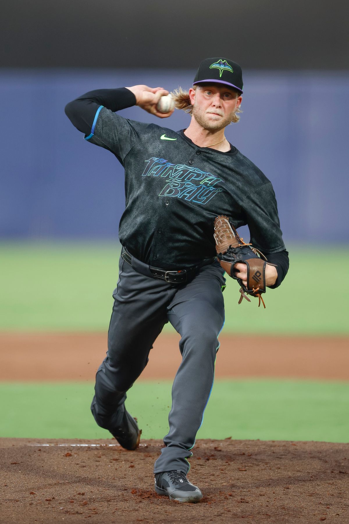Shane Baz #11 of the Tampa Bay Rays throws a pitch against the Los Angeles Dodgers at George M. Steinbrenner Field on August 01, 2025 in Tampa, Florida.