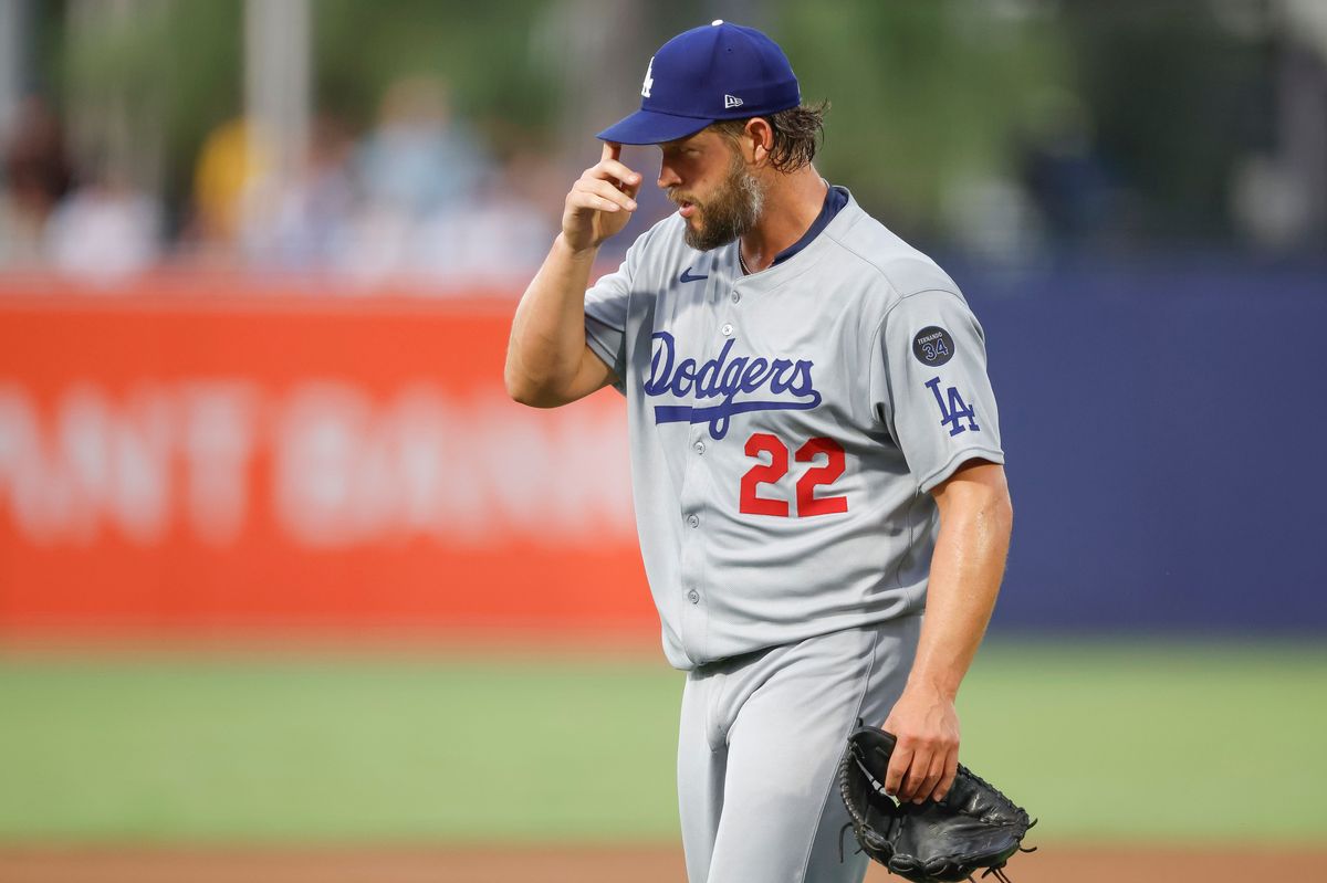 Clayton Kershaw #22 of the Los Angeles Dodgers gestures against the Tampa Bay Rays at George M. Steinbrenner Field on August 01, 2025 in Tampa, Florida.