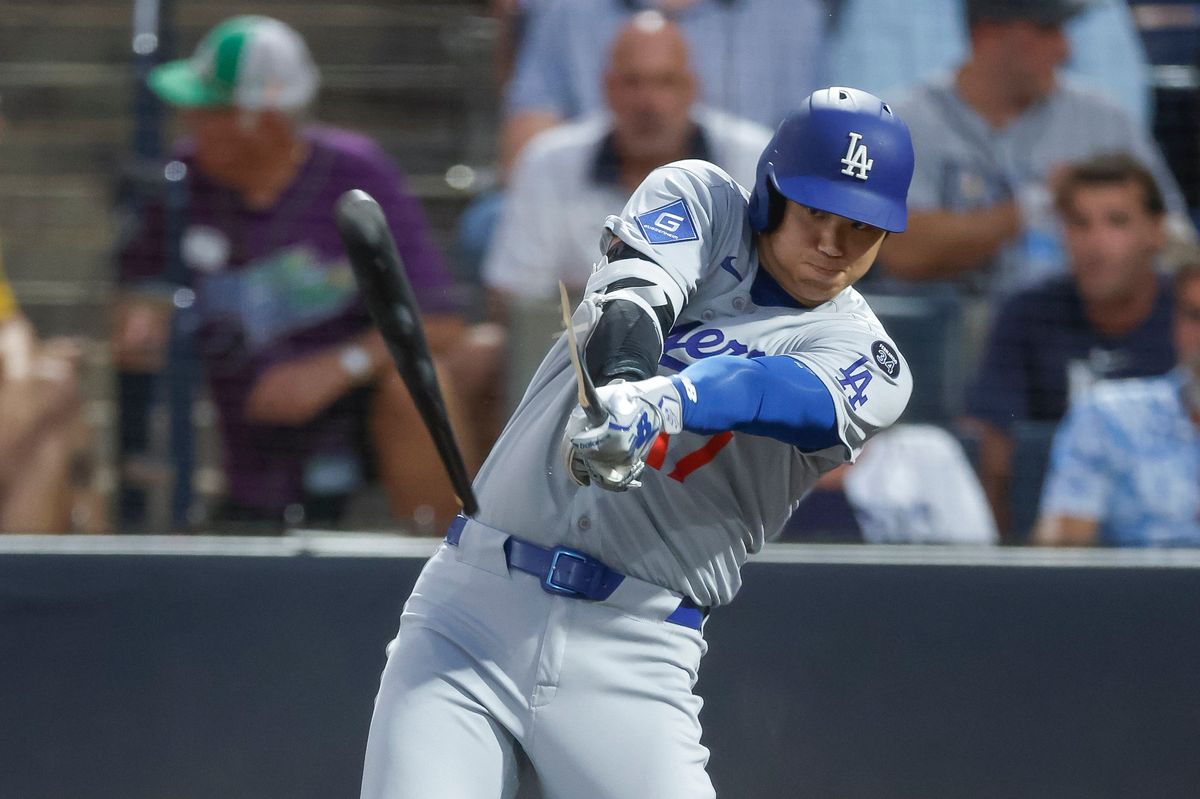 Shohei Ohtani #17 of the Los Angeles Dodgers breaks his bat against the Tampa Bay Rays at George M. Steinbrenner Field on August 01, 2025 in Tampa, Florida.