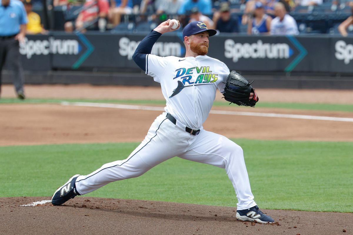 Drew Rasmussen #57 of the Tampa Bay Rays pitches against the Los Angeles Dodgers at George M. Steinbrenner Field on August 02, 2025 in Tampa, Florida.