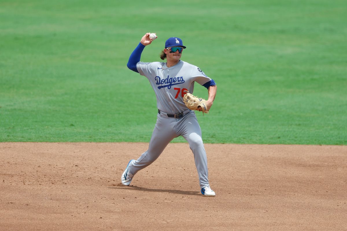 Alex Freeland #76 of the Los Angeles Dodgers throws against the Tampa Bay Rays at George M. Steinbrenner Field on August 02, 2025 in Tampa, Florida.