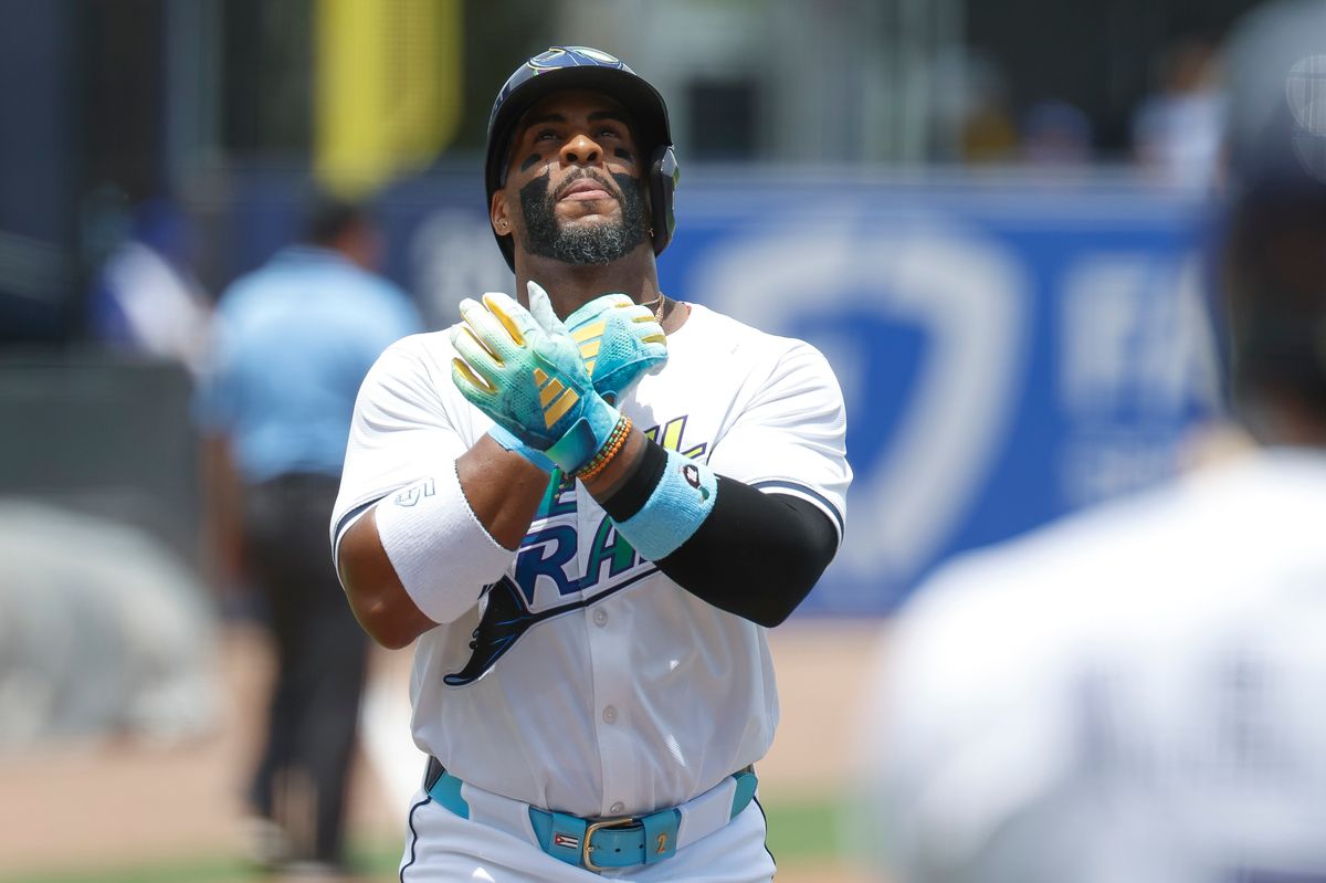 Yandy Diaz #2 of the Tampa Bay Rays celebrates his 2nd home run against the Los Angeles Dodgers at George M. Steinbrenner Field on August 02, 2025 in Tampa, Florida.