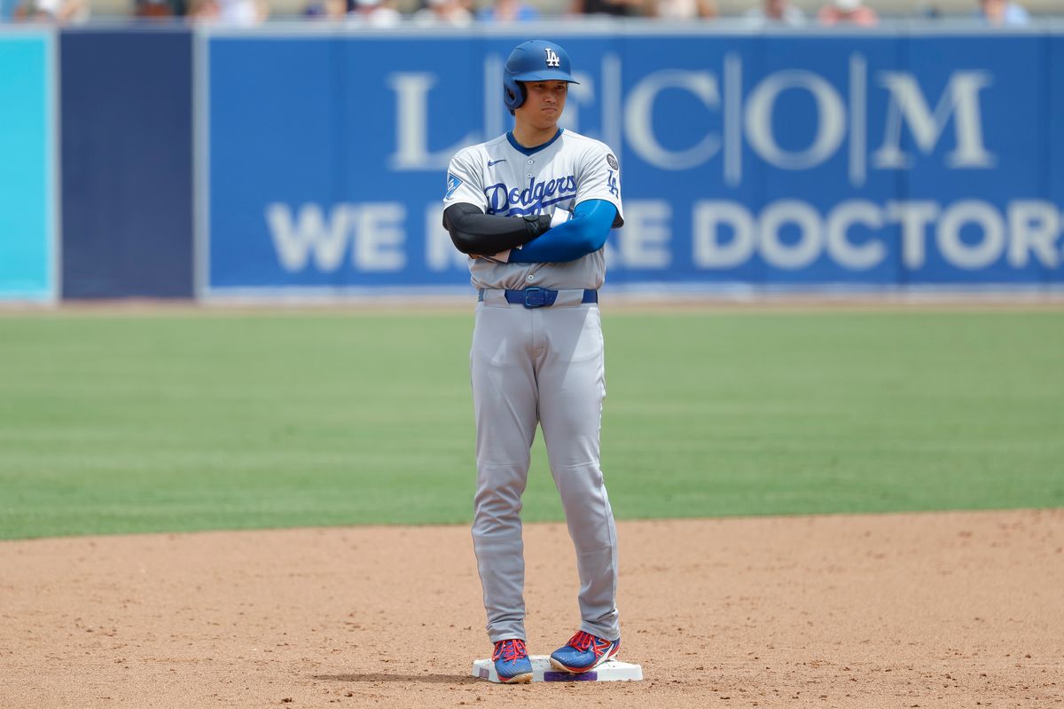 Shohei Ohtani #17 of the Los Angeles Dodgers stands on second base against the Tampa Bay Rays at George M. Steinbrenner Field on August 02, 2025 in Tampa, Florida.