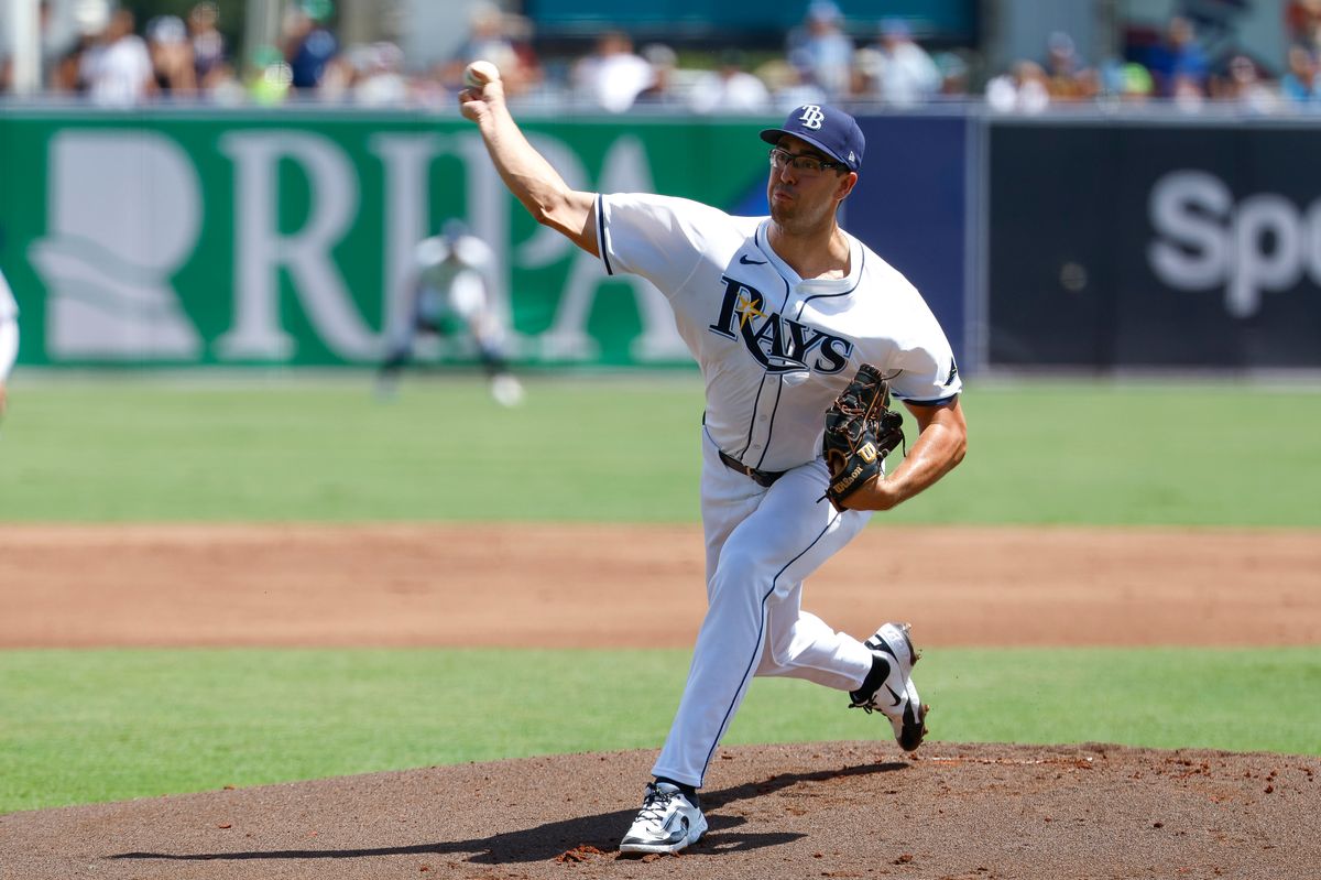 Joe Boyle #36 of the Tampa Bay Rays throws a pitch against the Los Angeles Dodgers at George M. Steinbrenner Field on August 03, 2025 in Tampa, Florida.