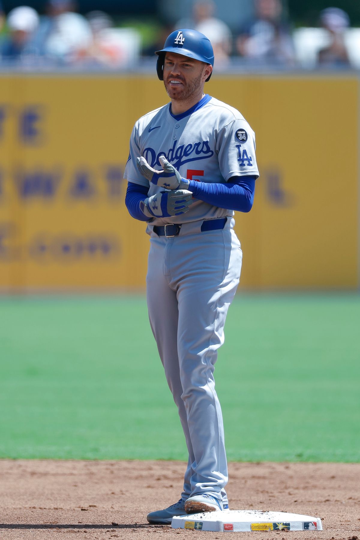 Freddie Freeman #5 of the Los Angeles Dodgers stands on second base against the Tampa Bay Rays at George M. Steinbrenner Field on August 03, 2025 in Tampa, Florida.