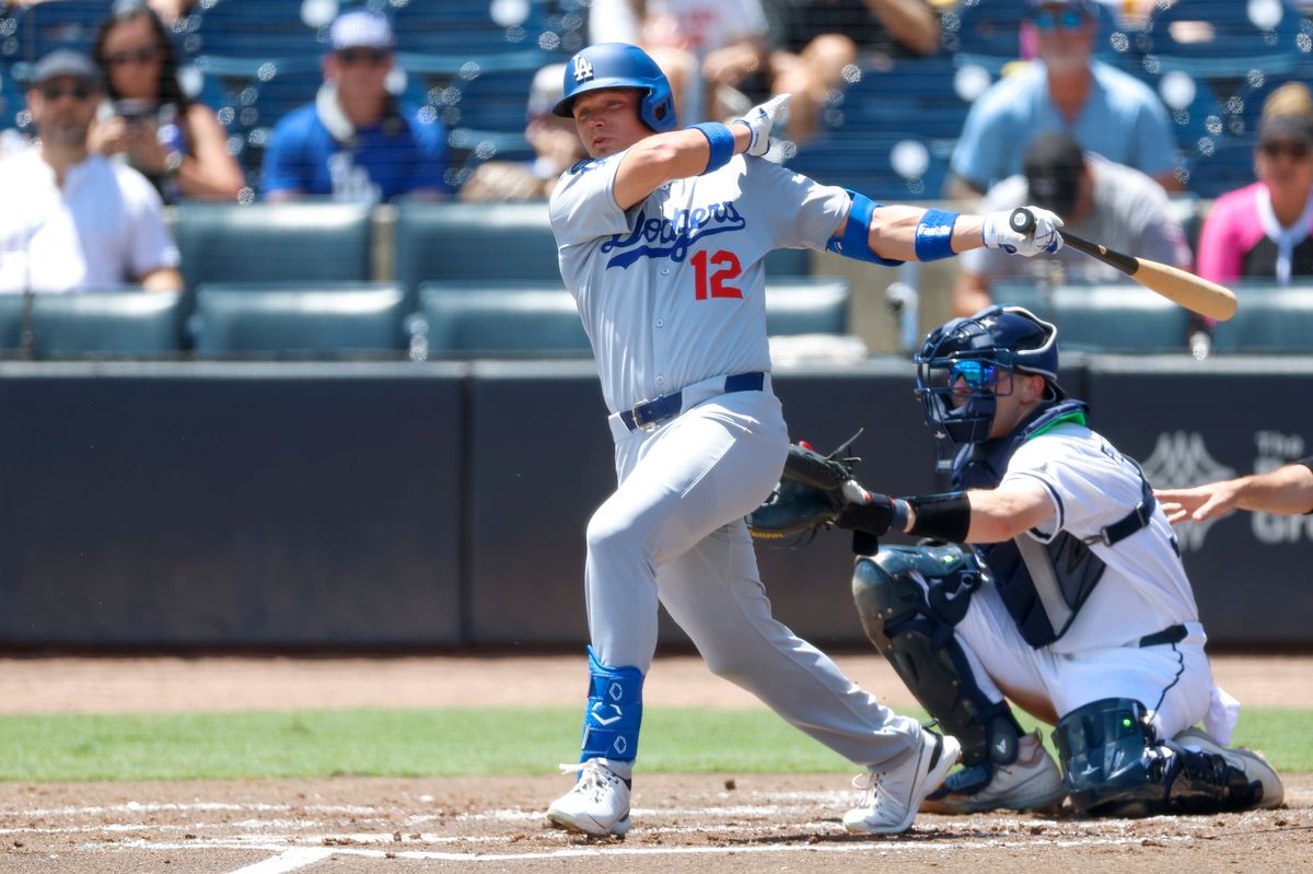 Alex Call #12 of the Los Angeles Dodgers bats against the Tampa Bay Rays at George M. Steinbrenner Field on August 03, 2025 in Tampa, Florida.