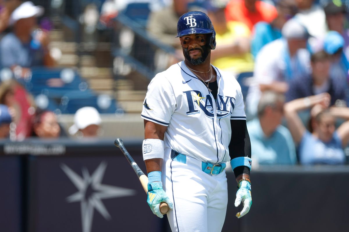 Yandy Diaz #2 of the Tampa Bay Rays smiles against the Los Angeles Dodgers at George M. Steinbrenner Field on August 03, 2025 in Tampa, Florida.