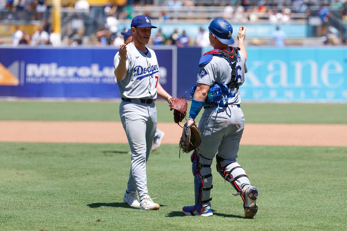 Ben Casparius #78 of the Los Angeles Dodgers celebrates a team victory against the Tampa Bay Rays at George M. Steinbrenner Field on August 03, 2025 in Tampa, Florida.