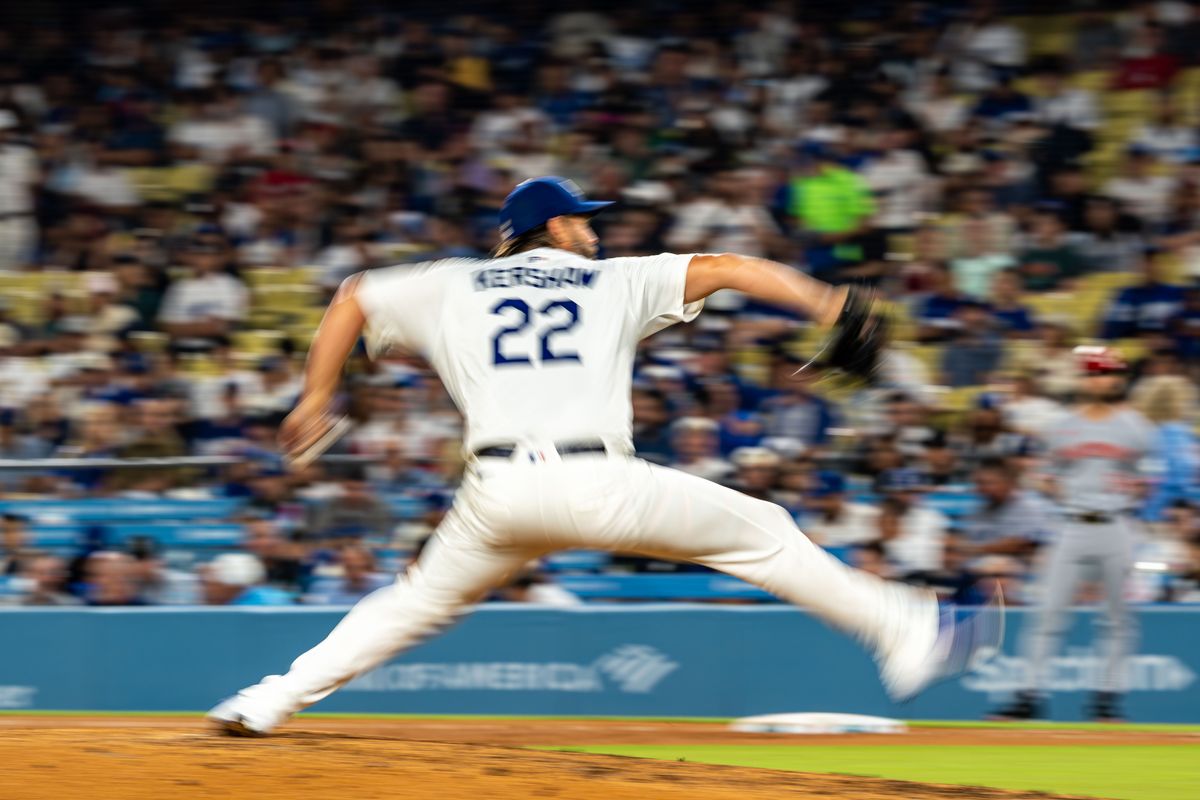 Los Angeles Dodgers pitcher, Clayton Kershaw 22, pitches during an MLB baseball game against the Cincinnati Reds on August 26, 2025 in Los Angeles, CA.
