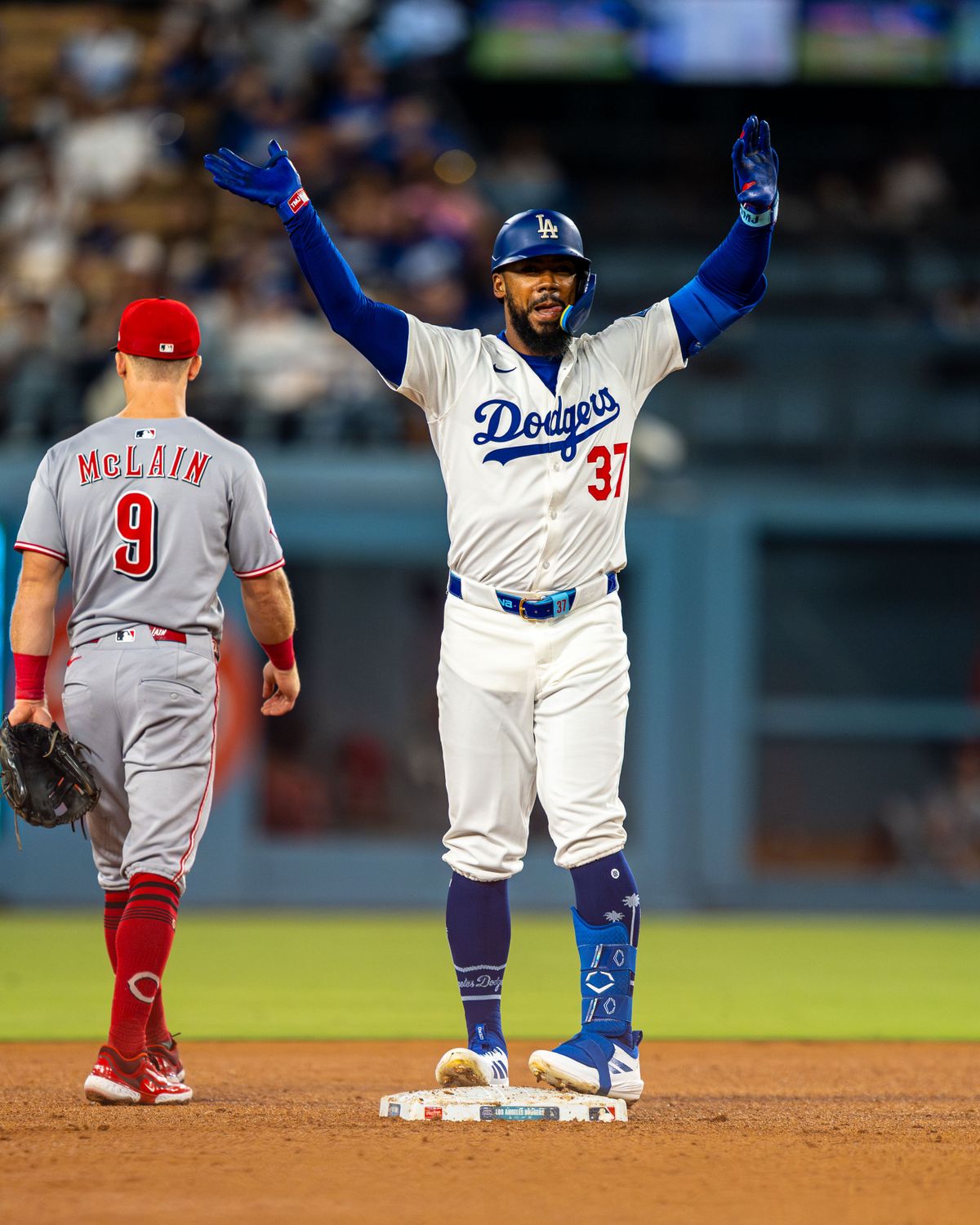 Los Angeles Dodgers outfielder, Teoscar Hernandez 37, celebrates a double during an MLB baseball game against the Cincinnati Reds on August 26, 2025 in Los Angeles, CA.