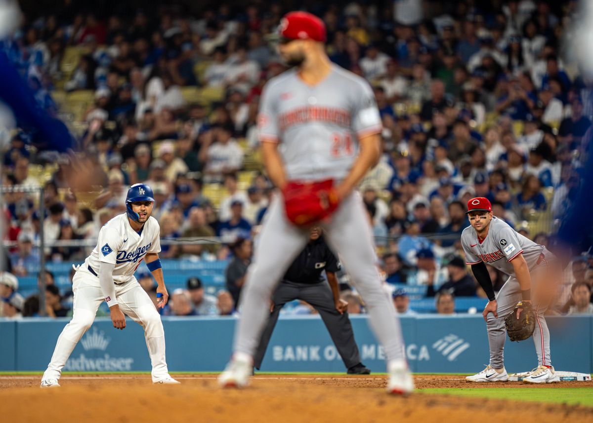 Los Angeles Dodgers outfielder, Michael Conforto 23, awaits a Cincinnati pitch during an MLB baseball game against the Cincinnati Reds on August 26, 2025 in Los Angeles, CA.