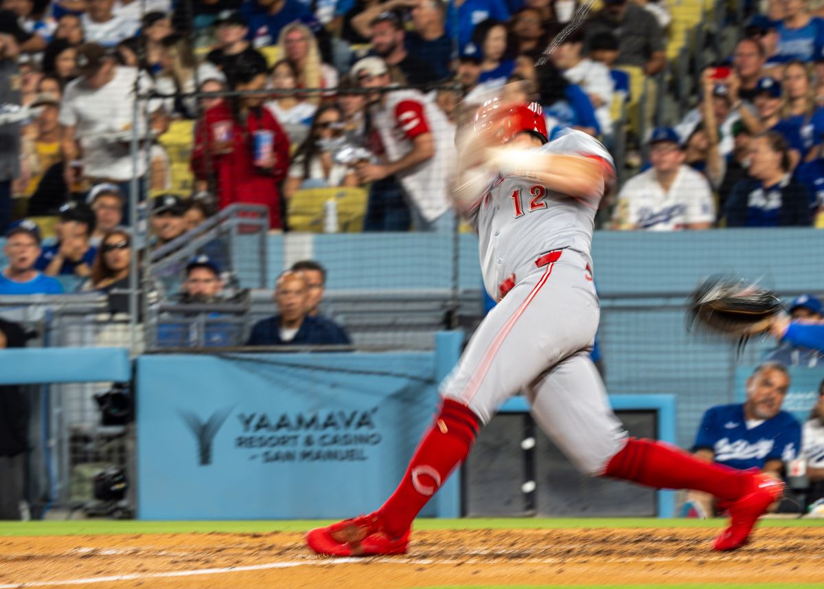Cincinnati Reds outfielder, Austin Hayes 12, at bat during an MLB baseball game against the Los Angeles Dodgers on August 26, 2025 in Los Angeles, CA.