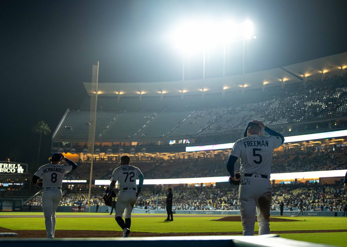 Los Angeles Dodgers infielder, Freddie Freeman 5, enters the field after an MLB baseball win against the Cincinnati Reds on August 26, 2025 in Los Angeles, CA.